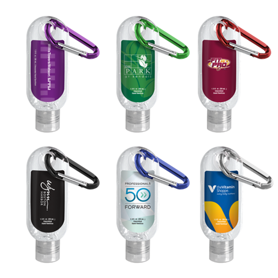 1.9 oz. Clear Sanitizer in Clear Bottle with Carabiner Collage