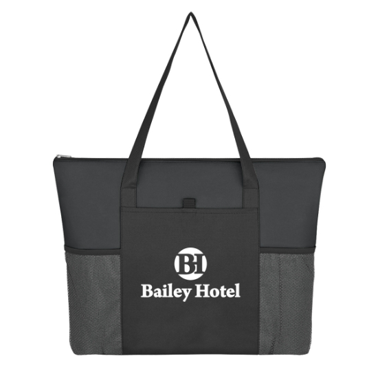 Custom Logo Non-Woven Voyager Zippered Tote Bag - Silk Screen Black With Black