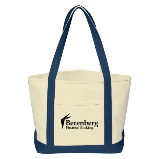 Custom Logo Heavy Cotton Canvas Boat Tote Natural With Navy