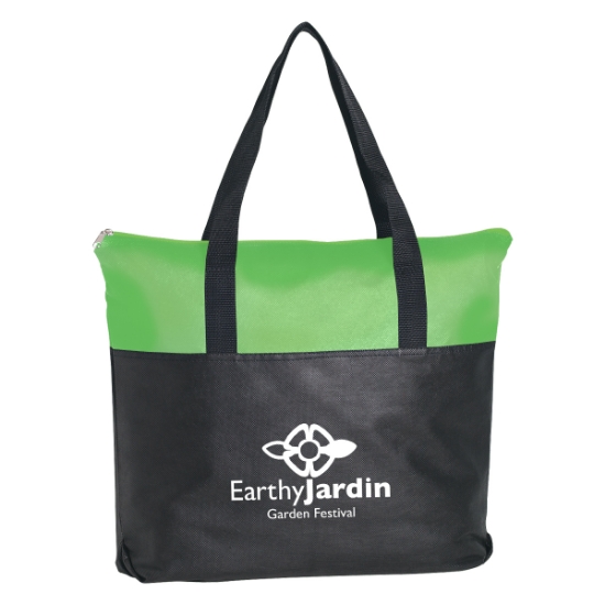 Custom Logo Non-Woven Two-Tone Zippered Tote Bag Lime With Black