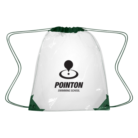 Custom Logo Clear Drawstring Backpack - Silk Screen Clear With Forest Green